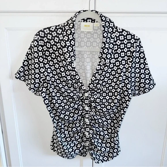 Anthropologie Maeve Black/White Floral Blouse S/Sleeve Sz XLarge Ruched Stretchy - Picture 2 of 11